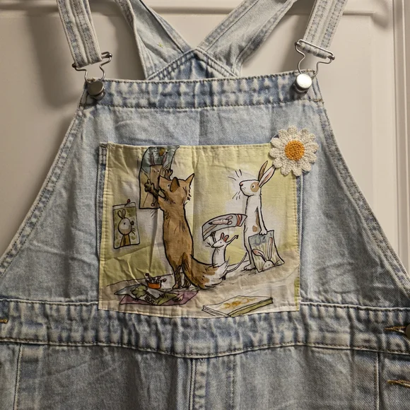 Light Wash Denim Overalls with Whimsical Patch Art - Picture 3 of 8